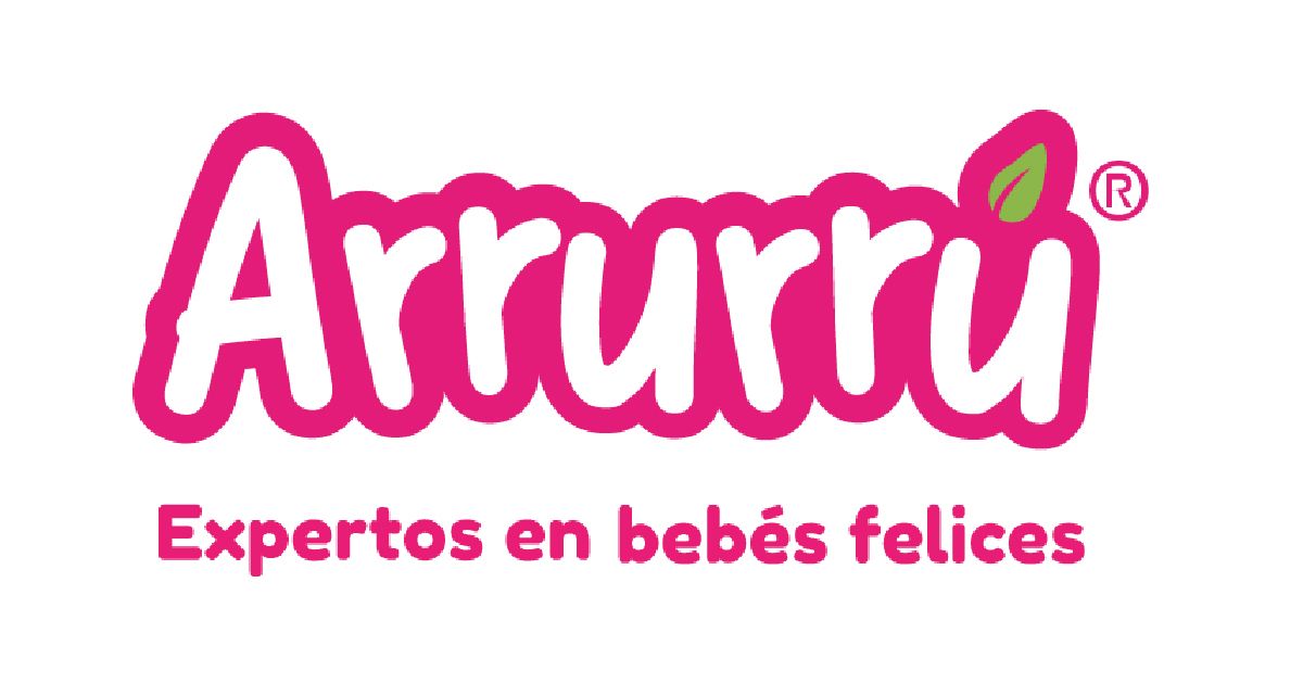Logotipo de Arrurru en rosa con detalles de hojas verdes y el eslogan “Expertos en bebés felices”