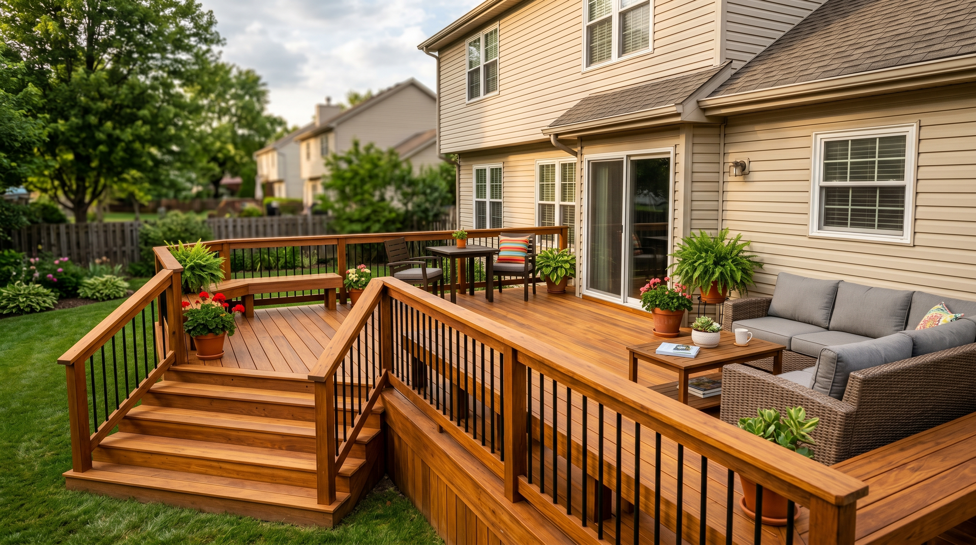 Back deck with wooden stairs, railing, and wicker seating beside a beige house and green yard