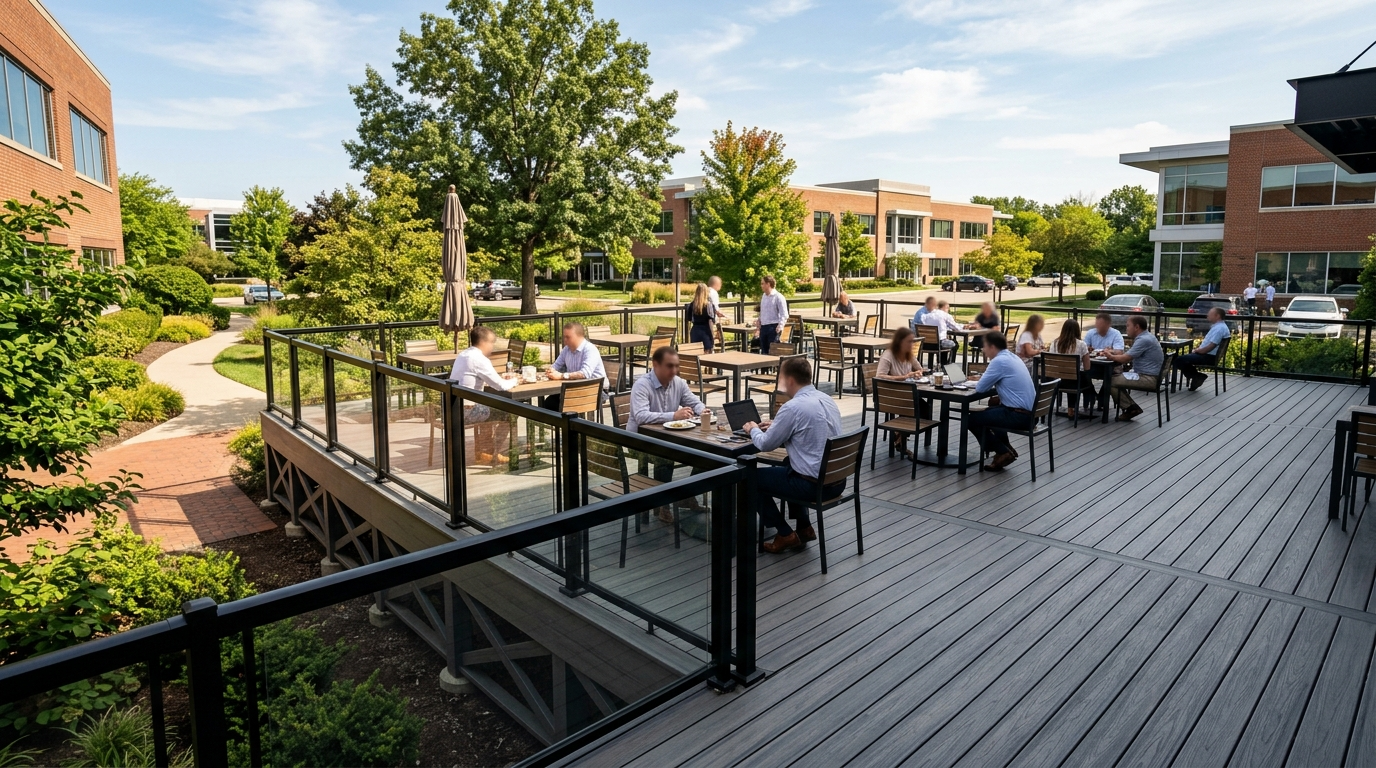 Outdoor cafe seating on a wooden deck beside brick buildings, with people dining under umbrellas in a sunny courtyard
