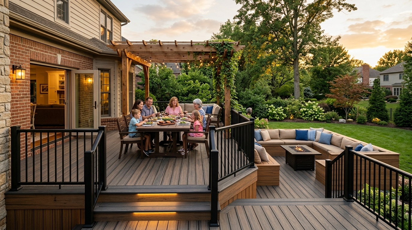 Family dining on a wooden backyard deck at sunset beside a brick house, with a patio seating area and green lawn.