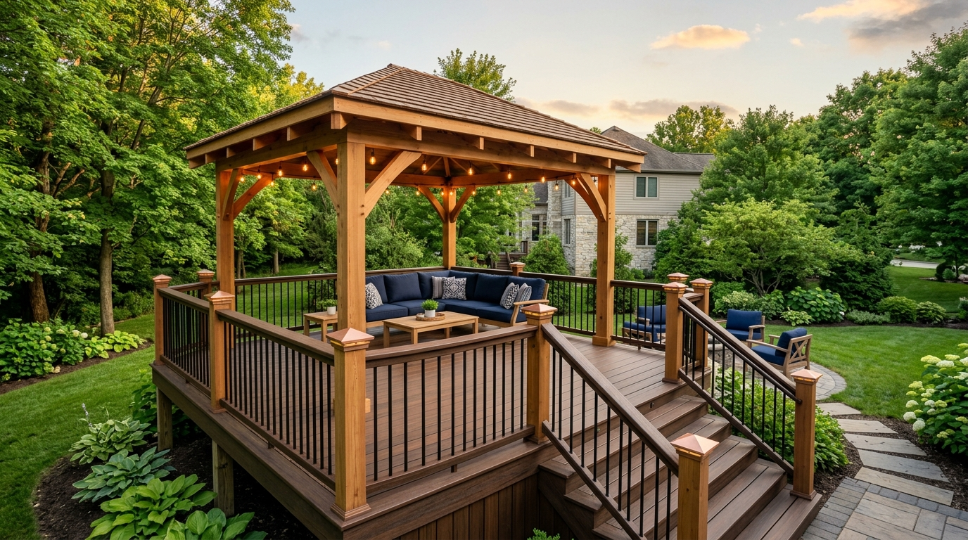 Wooden gazebo with blue seating on a lush garden deck, surrounded by trees and a stone path