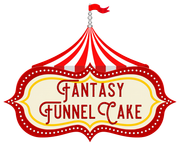 Red circus tent sign with &ldquo;Fantasy Funnel Cake&rdquo; in red and white