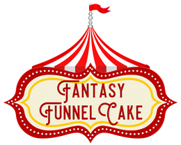 Red circus tent sign with &ldquo;Fantasy Funnel Cake&rdquo; in red and white