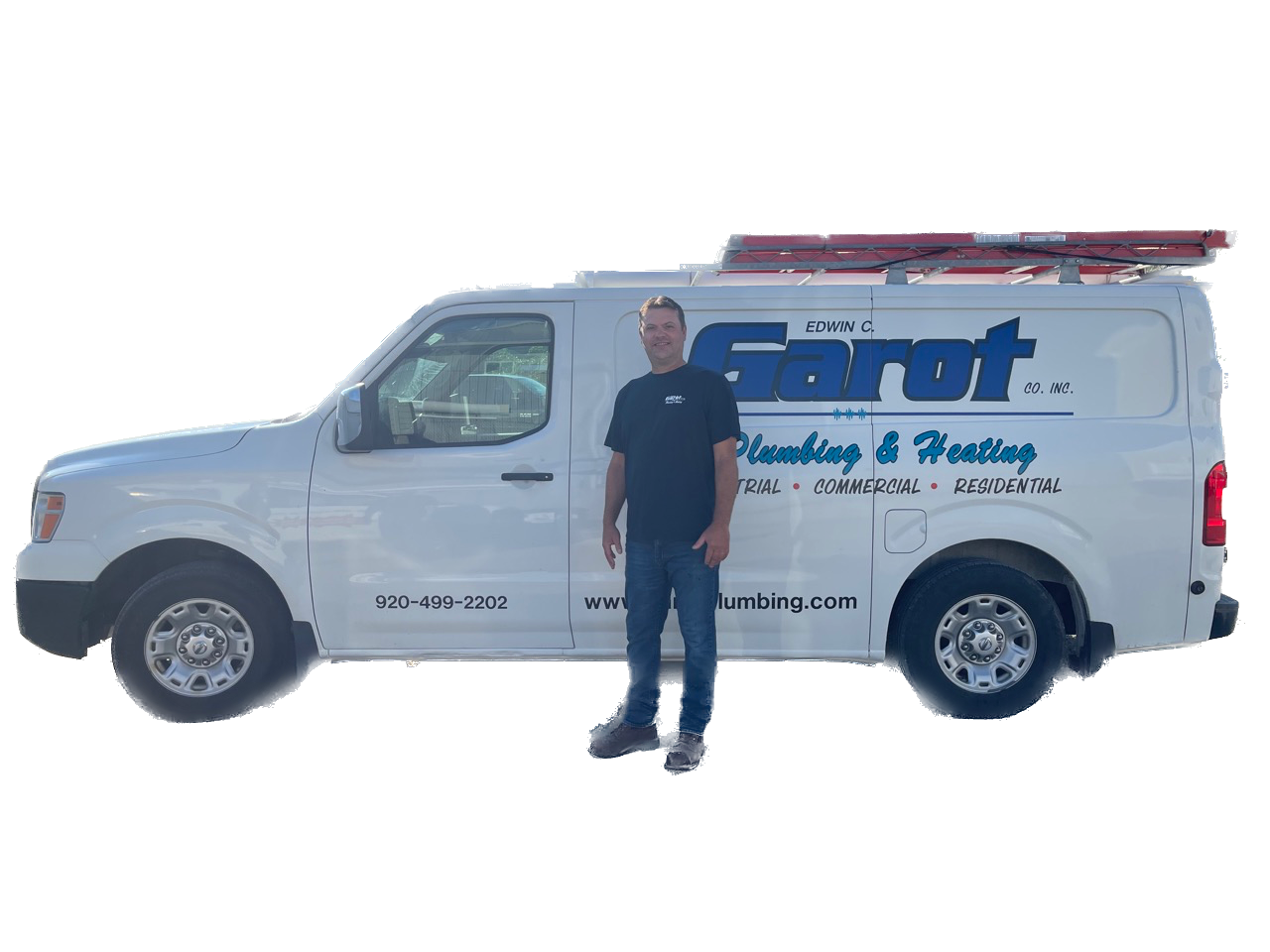 A man is standing in front of a white van.
