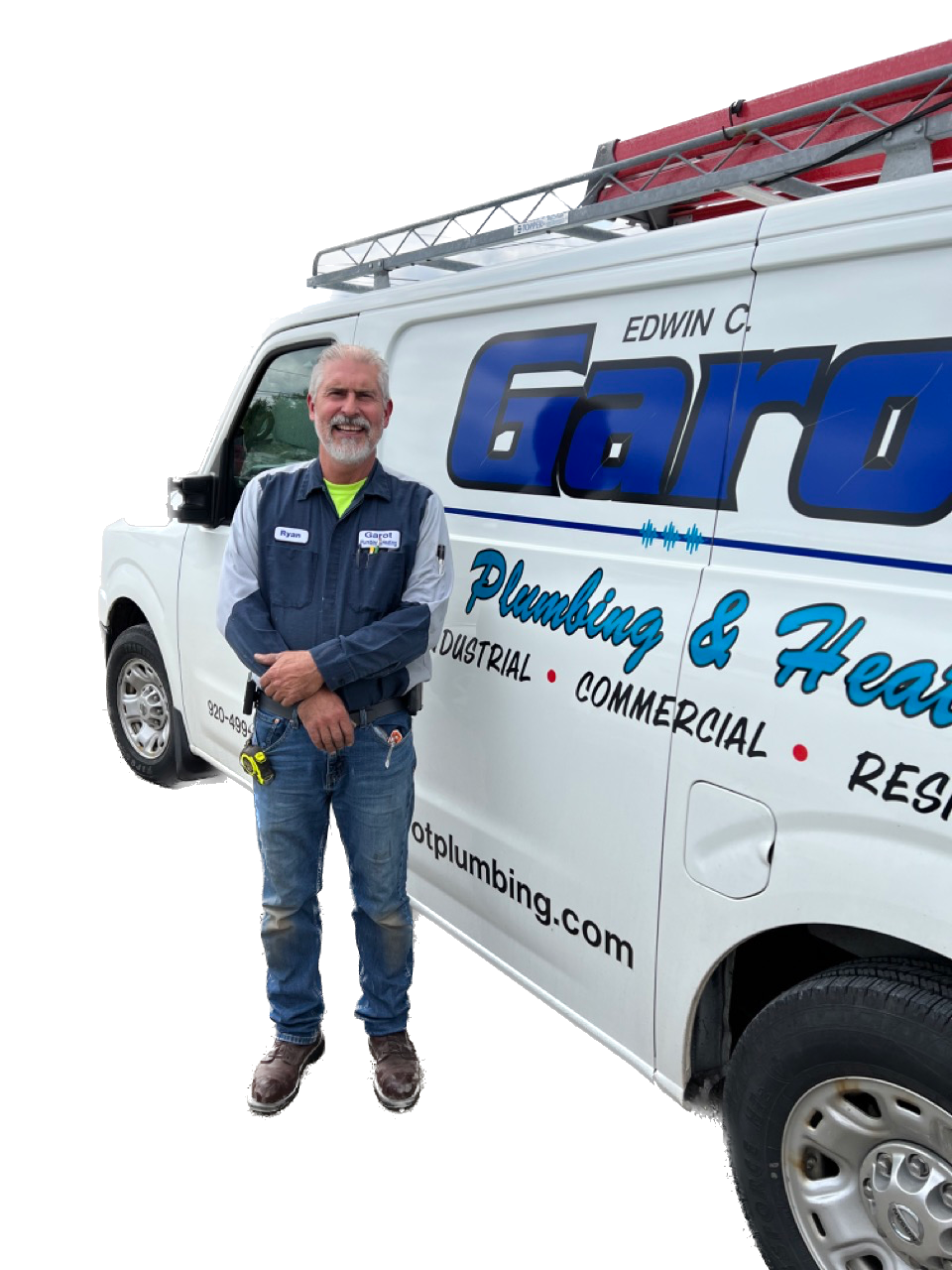 A man is standing in front of a white van.