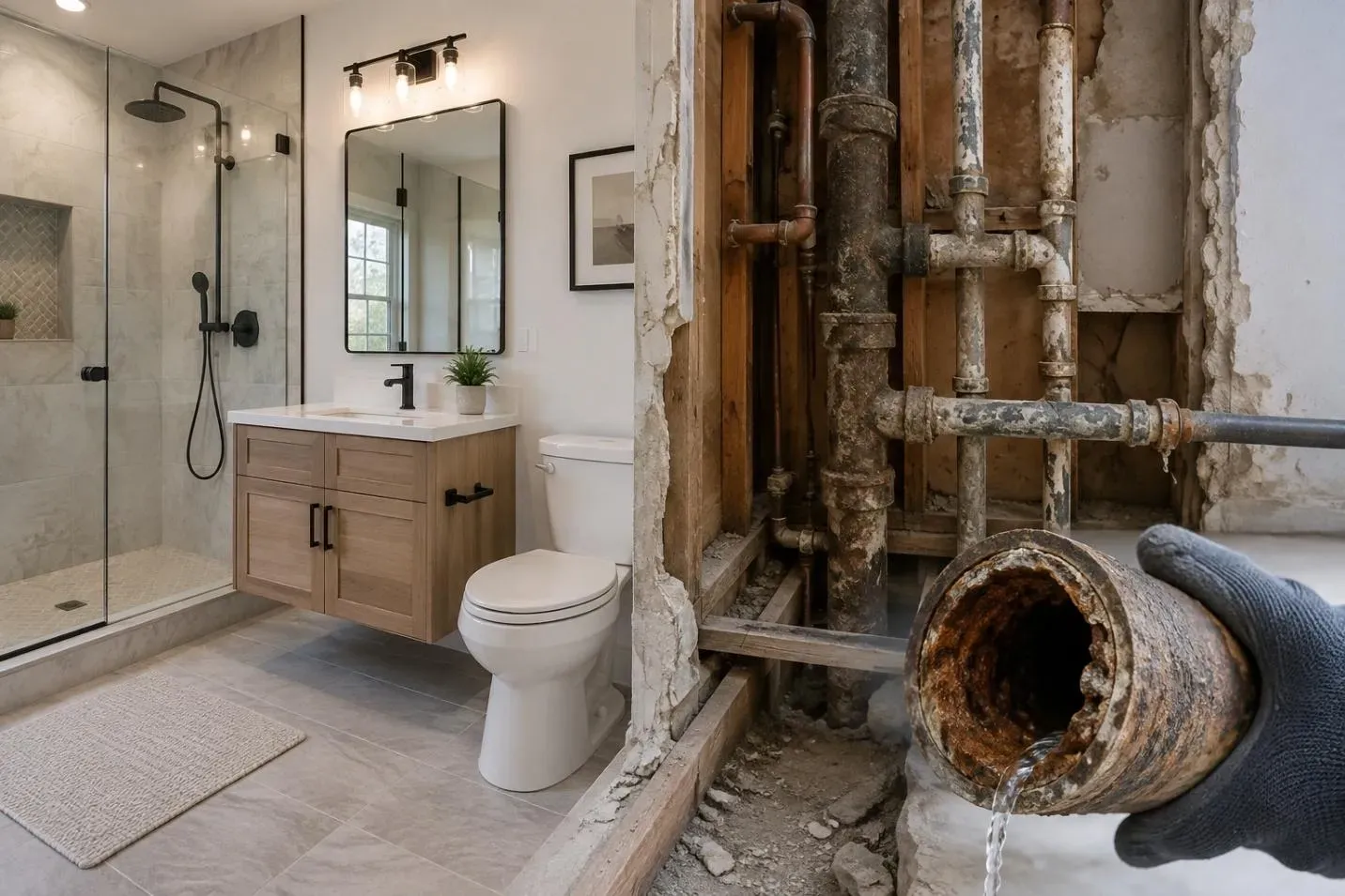 Old Pipes in Bathroom Renovation
