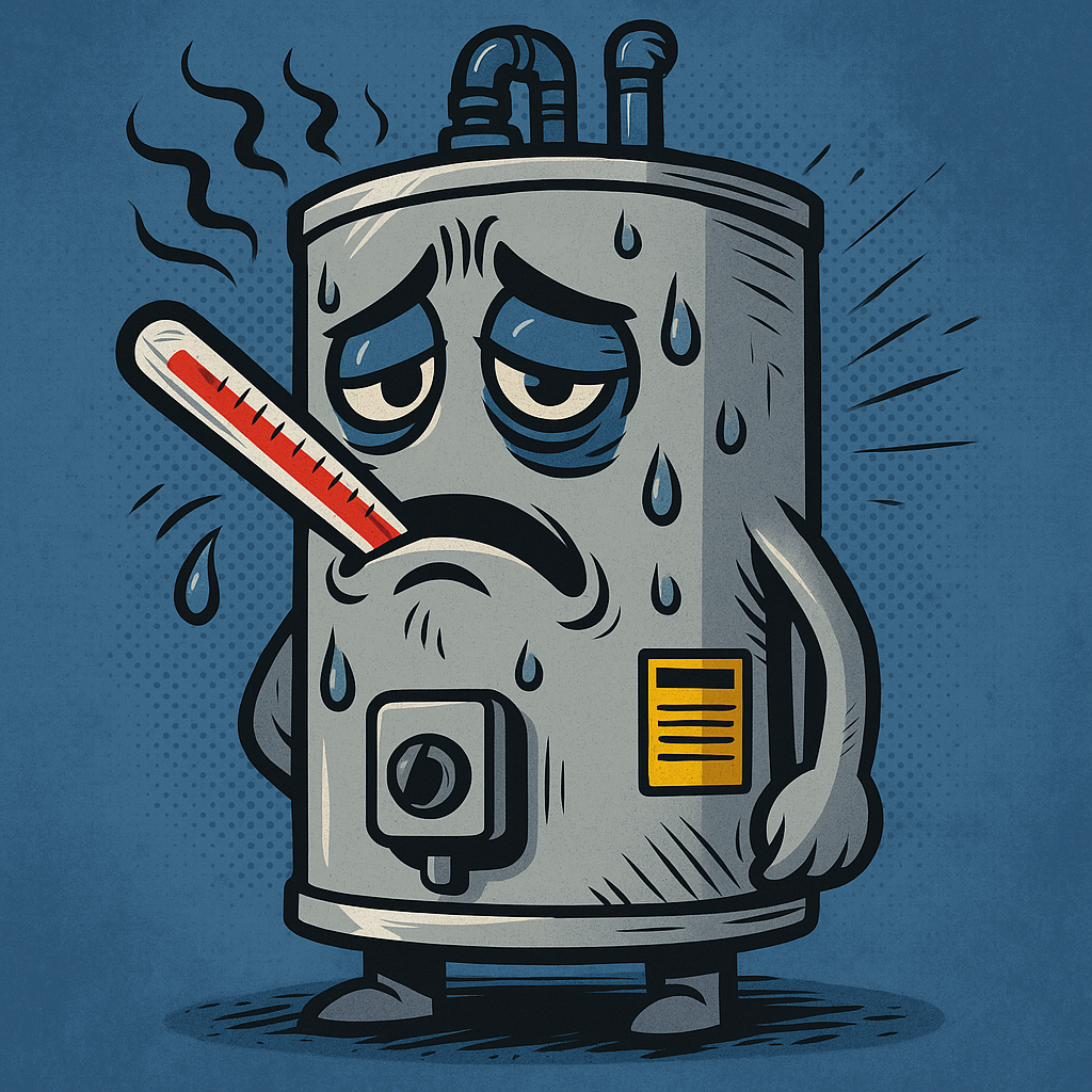 Cartoon of a sad water heater with a thermometer in its mouth, sweating, and looking unwell.