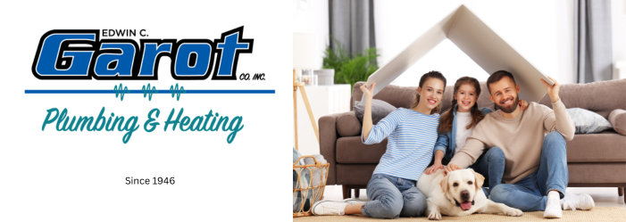 Logo and family: A plumbing and heating logo next to a family of four, including a dog, under a piece of fabric.