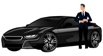 A man in a suit and tie is standing next to a black car.