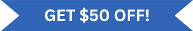 Blue ribbon banner with white text reading “GET $50 OFF!”