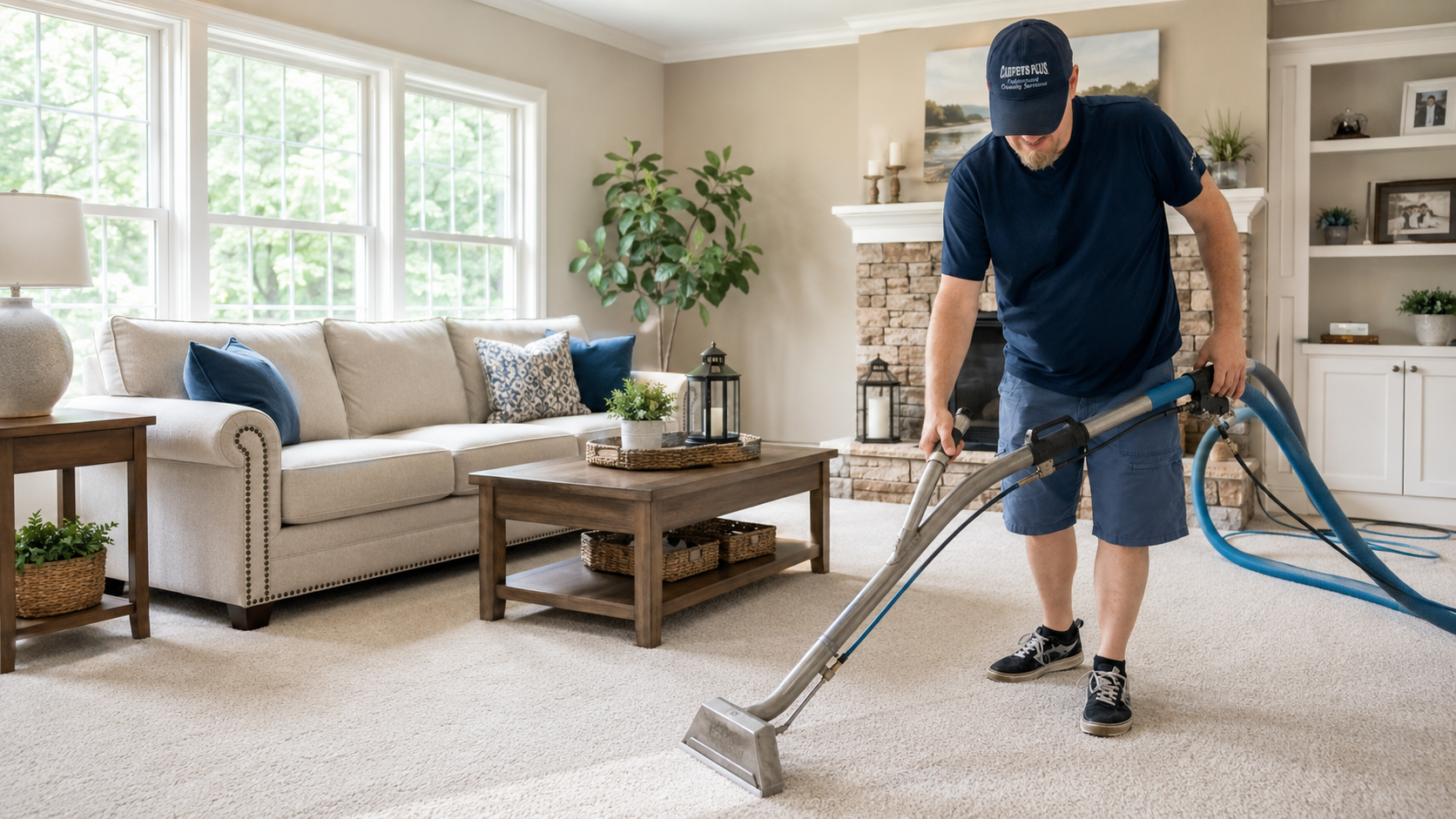 Worker using a carpet cleaner in a living room beside a couch and potted plant