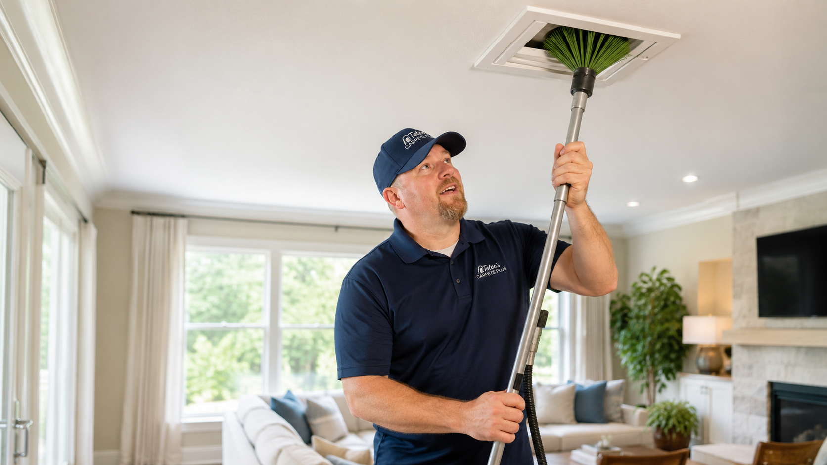 Person vacuuming dust from a floor vent with a hose attachment рядом