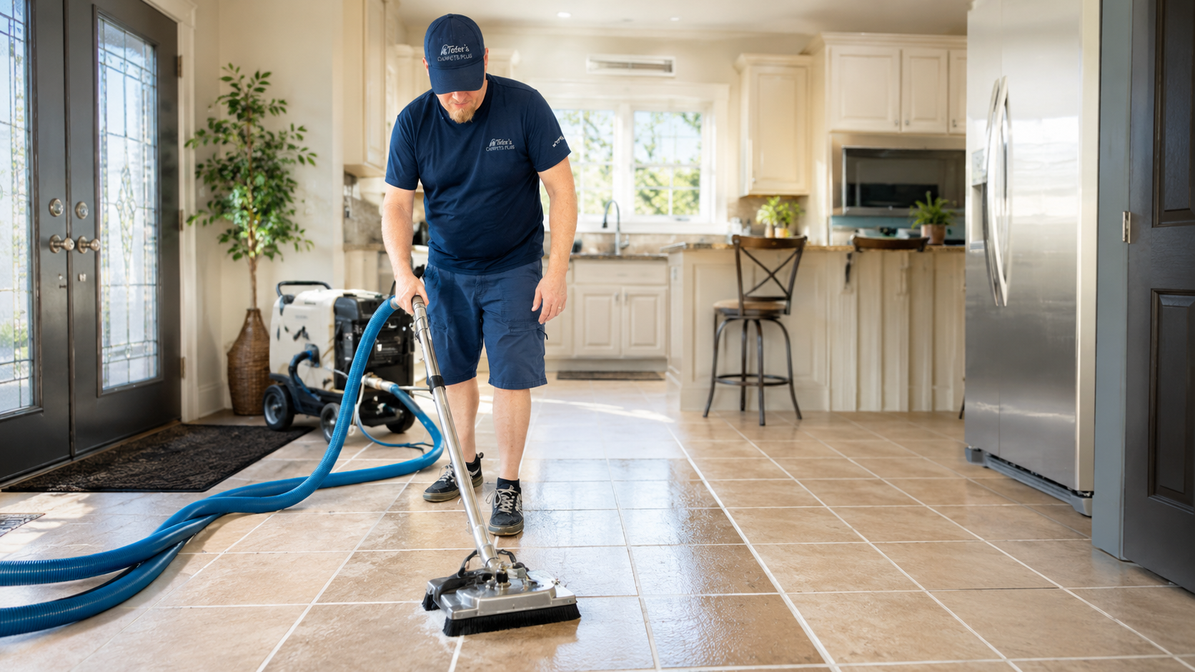 Gloved hands scrubbing a wet tiled floor with a brush