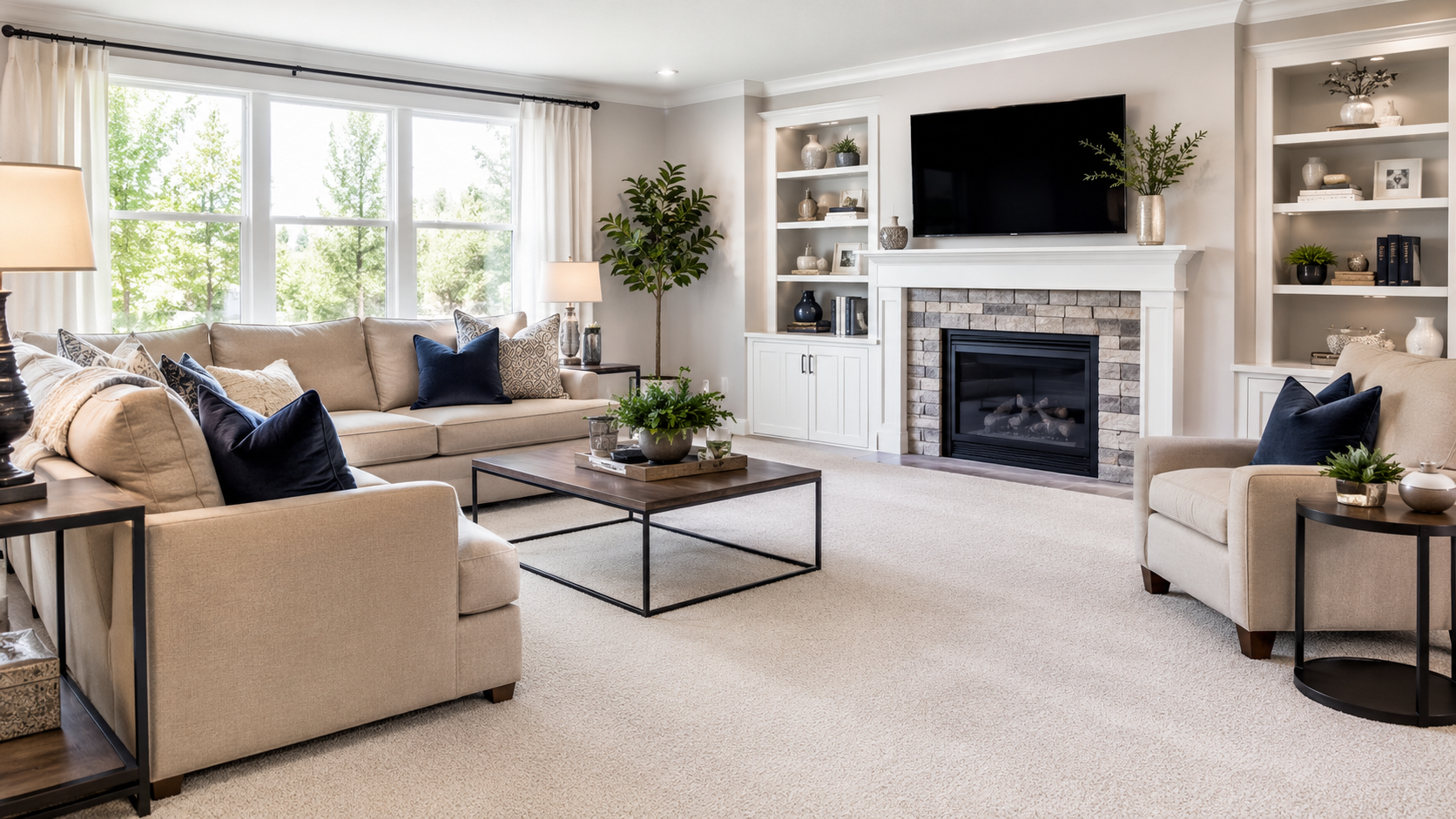 Carpet cleaning vacuum nozzle on a light rug in a living room