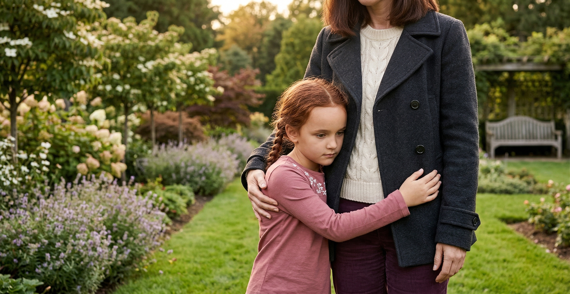 A little girl is hugging a man in a park.