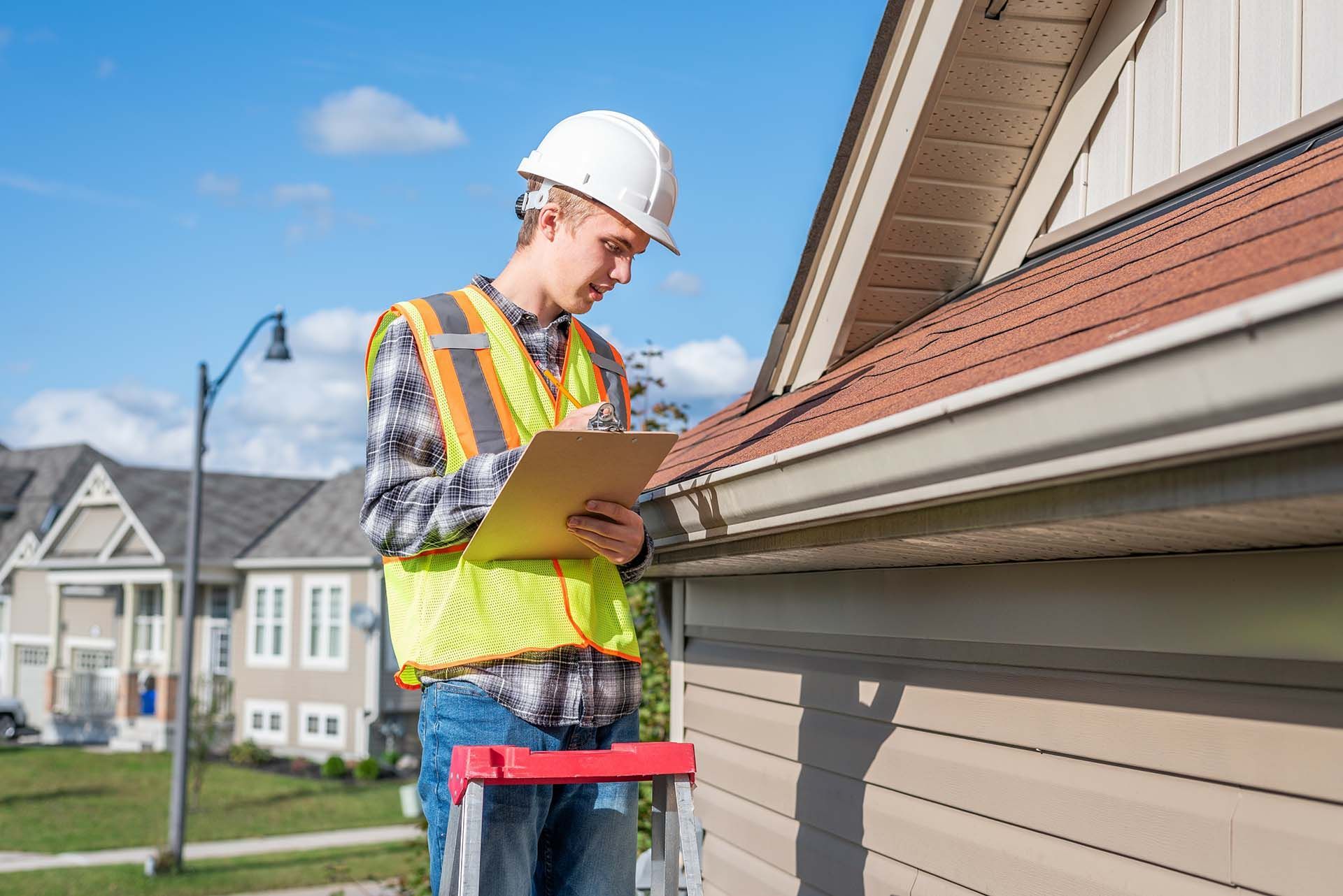 A man is inspecting a roof.