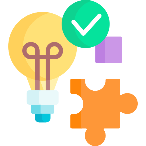 A light bulb is surrounded by puzzle pieces and a check mark.