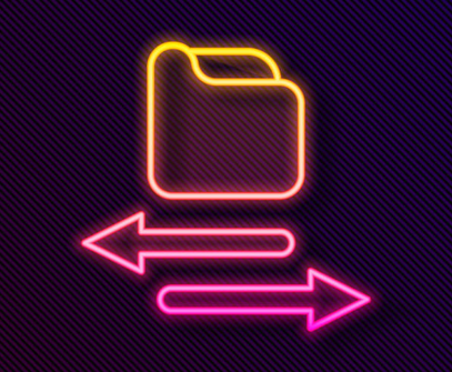 A neon sign of a folder with two arrows pointing in opposite directions.