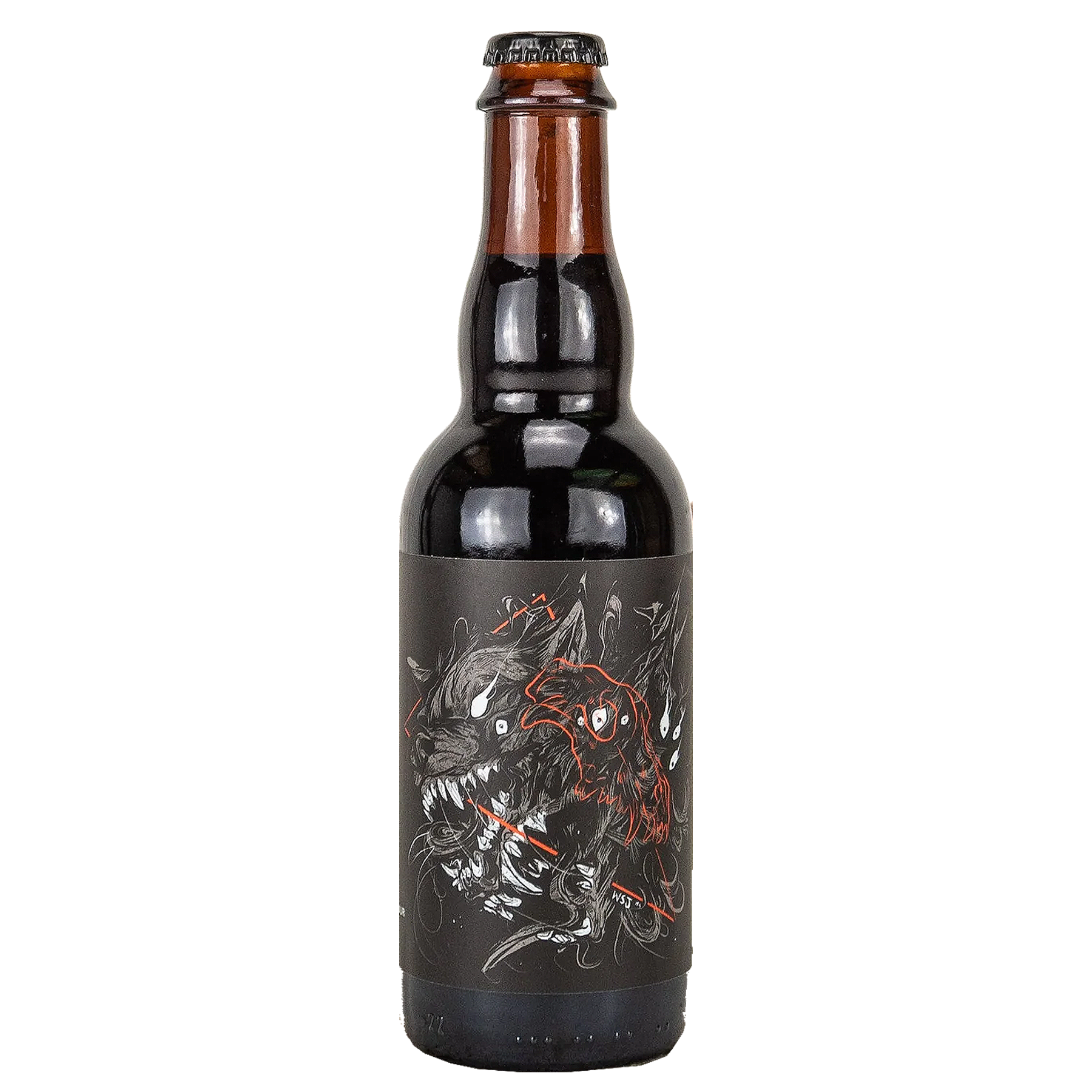 Beer bottle with dark liquid and a label featuring a white and red illustration of a monster.