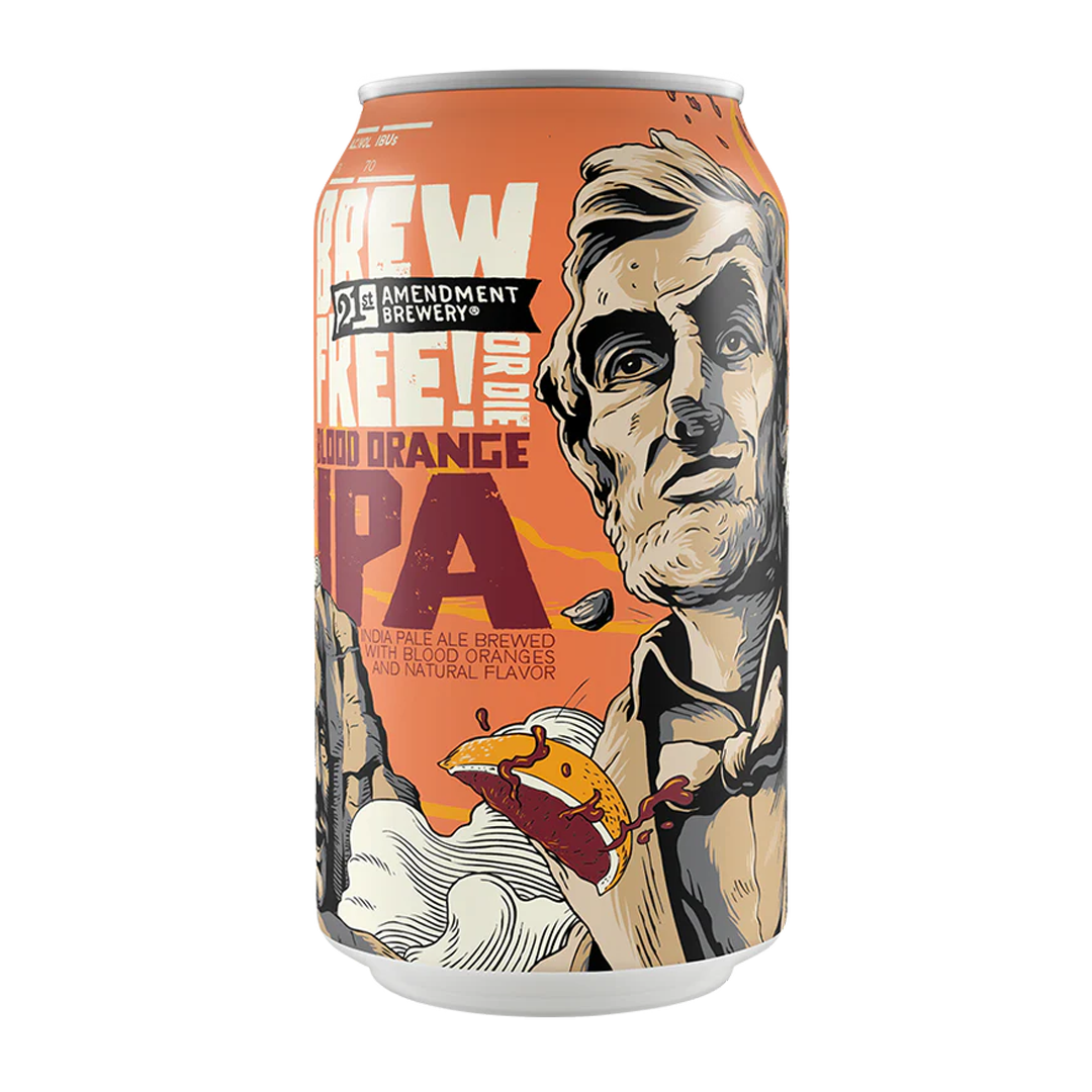 Beer can with orange IPA label featuring an illustration of a serious-looking man.