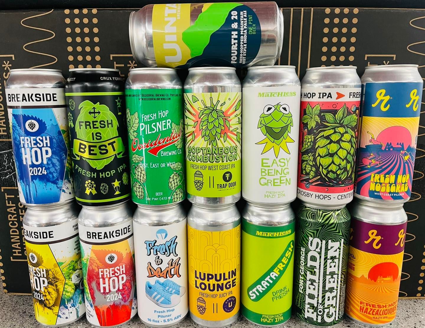 A variety of cans of beer are lined up on a table.