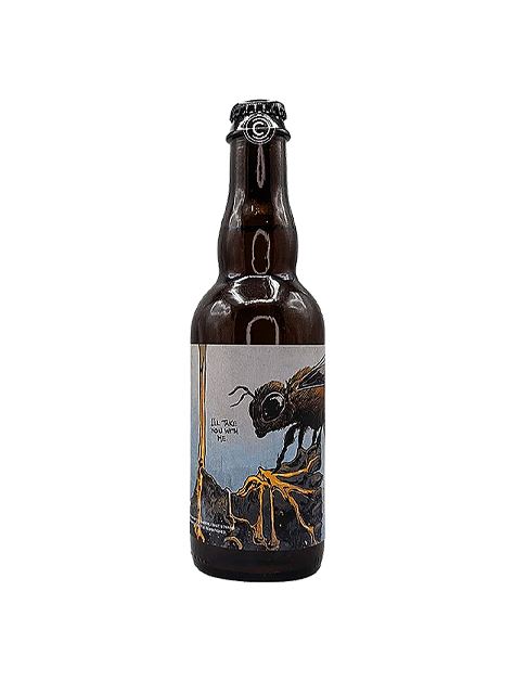 Beer bottle with label showing a large ant on a stylized mountain.