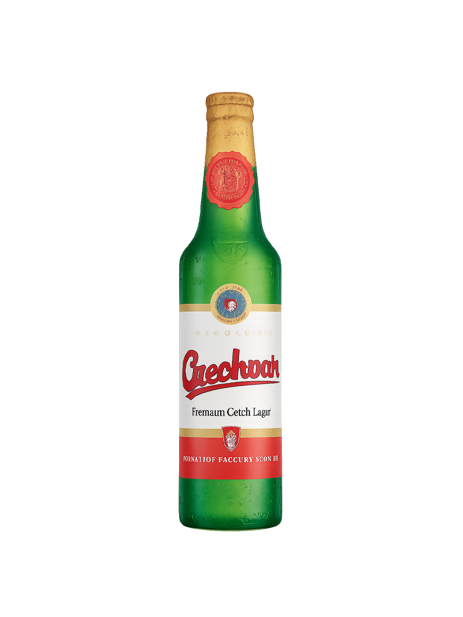 Green bottle of Greenhat beer, white label with red text and emblem.