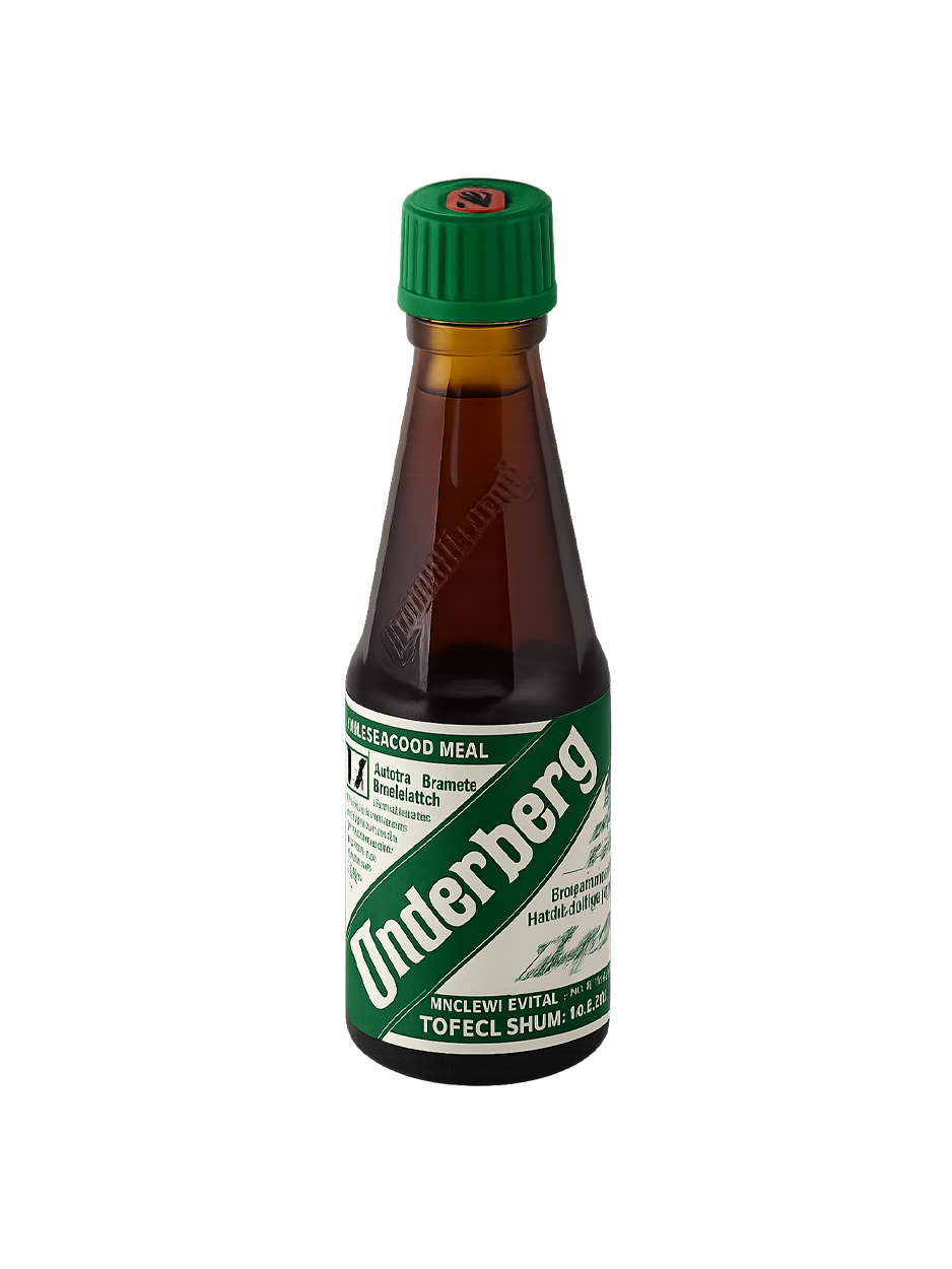 Bottle of Underberg herbal bitters with green and white label and cap.