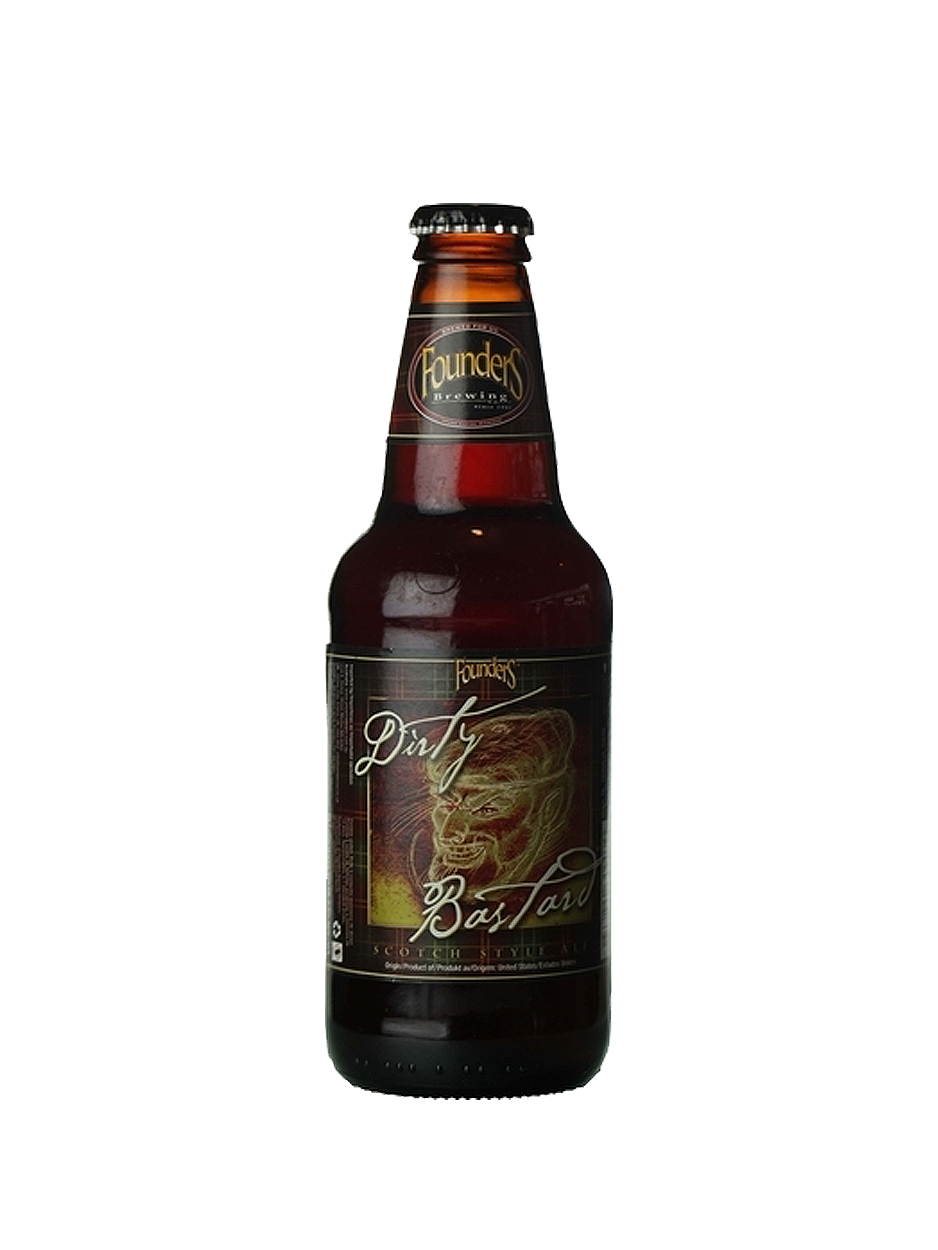 Bottle of Founders Dirty Bastard beer, brown glass, dark label with illustration.