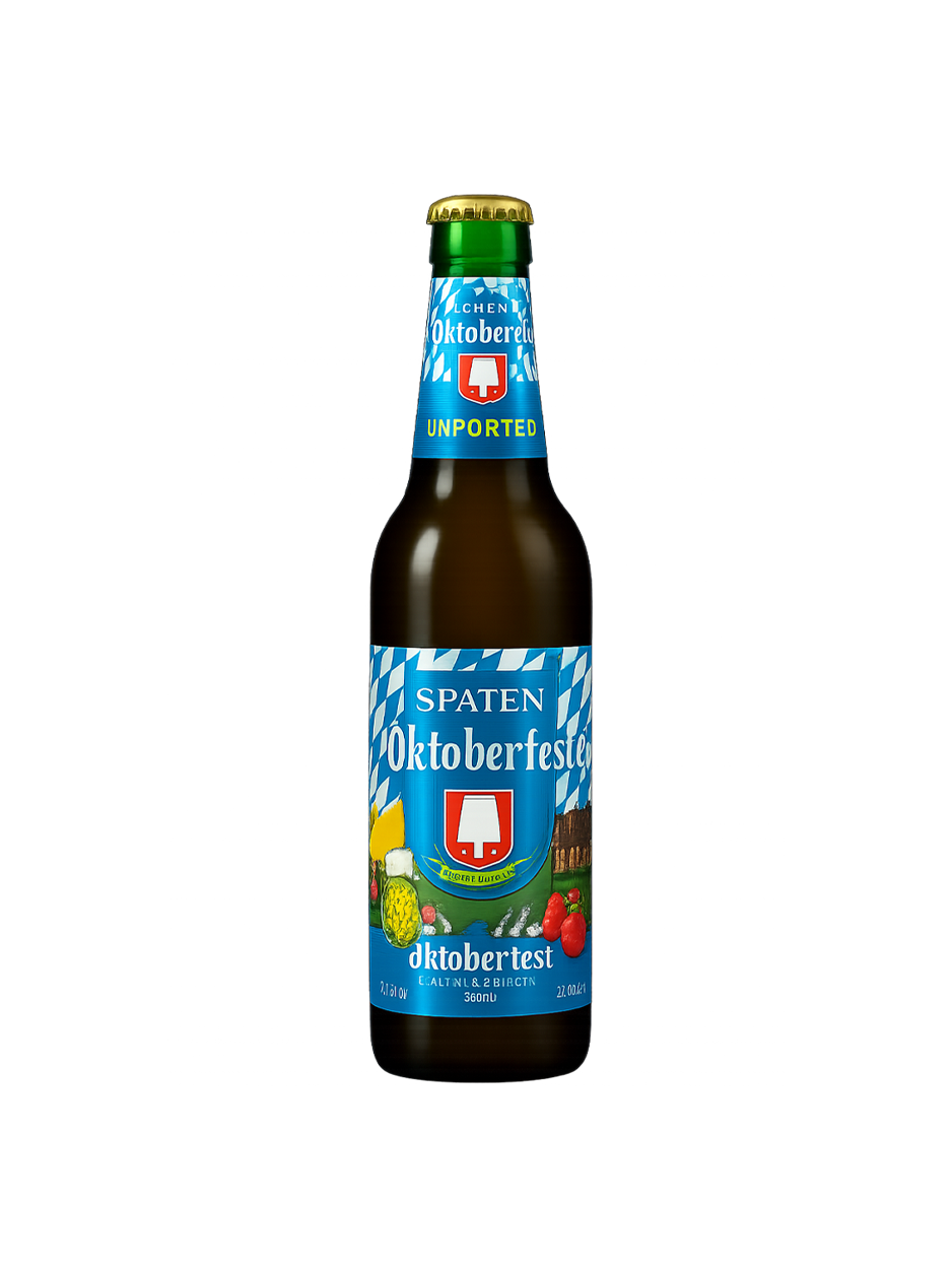 Bottle of Spaten Oktoberfest beer with blue and white label.