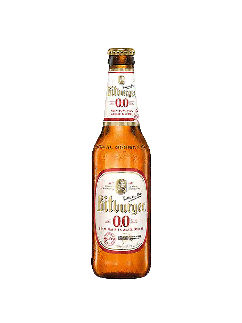 Bottle of Bitburger 0.0 alcohol-free beer with a white and red label, against a white background.