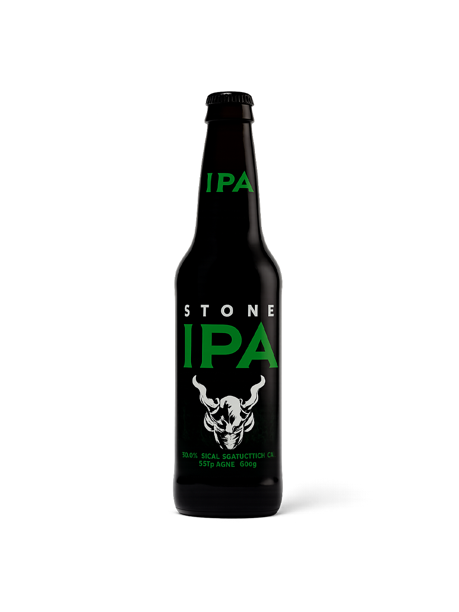 Black Stone IPA beer bottle with green text and a horned skull illustration.