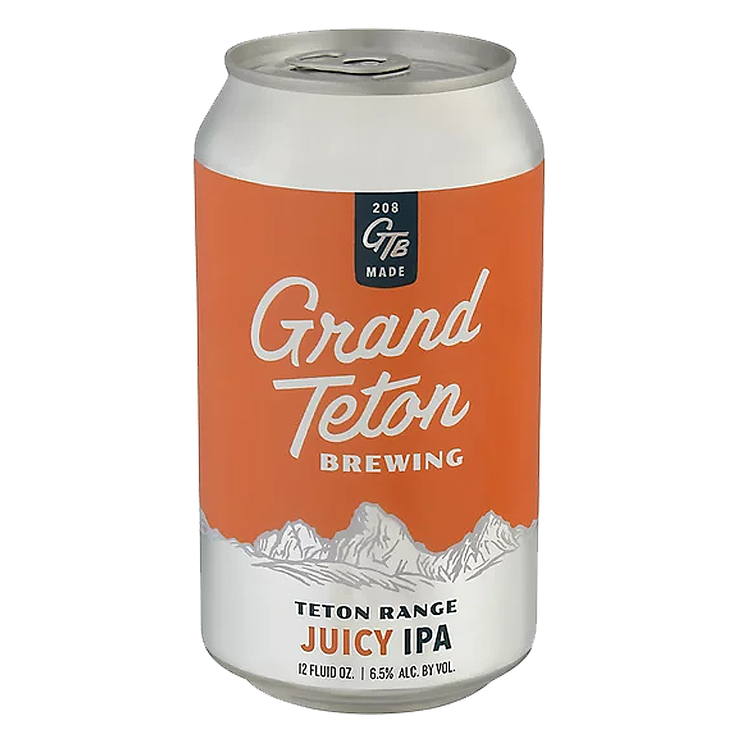 Can of Grand Teton Juicy IPA beer with an orange and silver label depicting mountains.