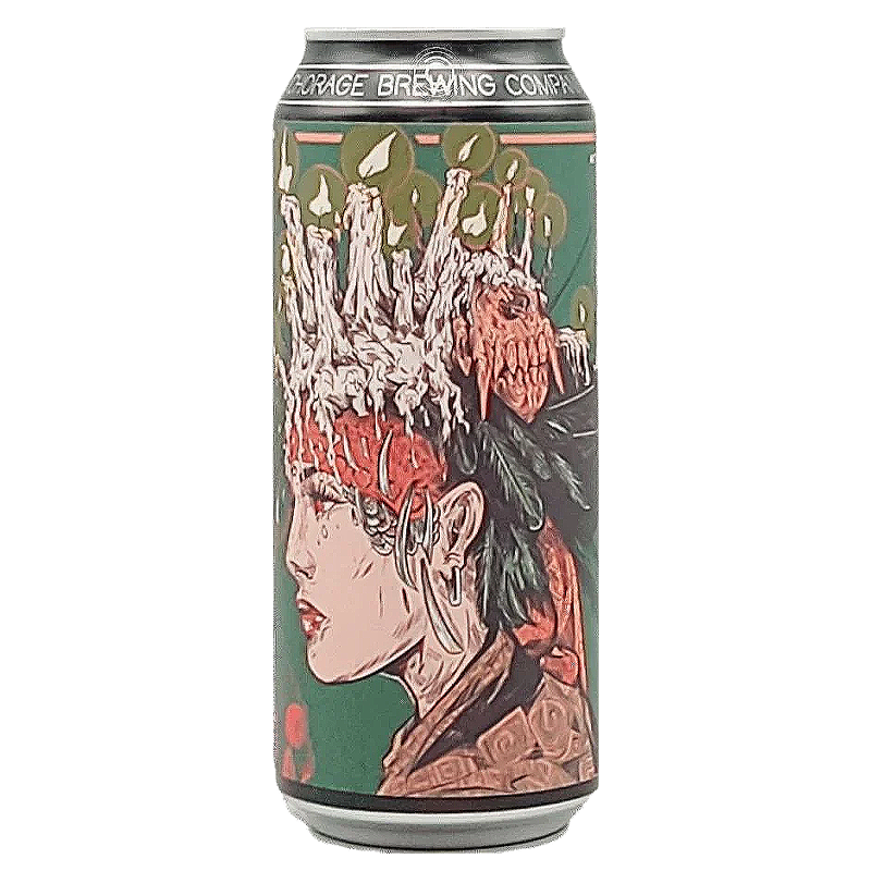 Can of Anchorage Brewing Company beer, with a green and pink illustration of a woman wearing a mushroom crown.