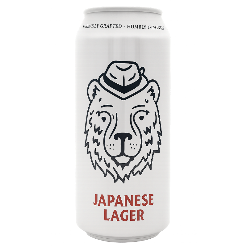 Can of Japanese Lager with a bear wearing a hat on a white background.