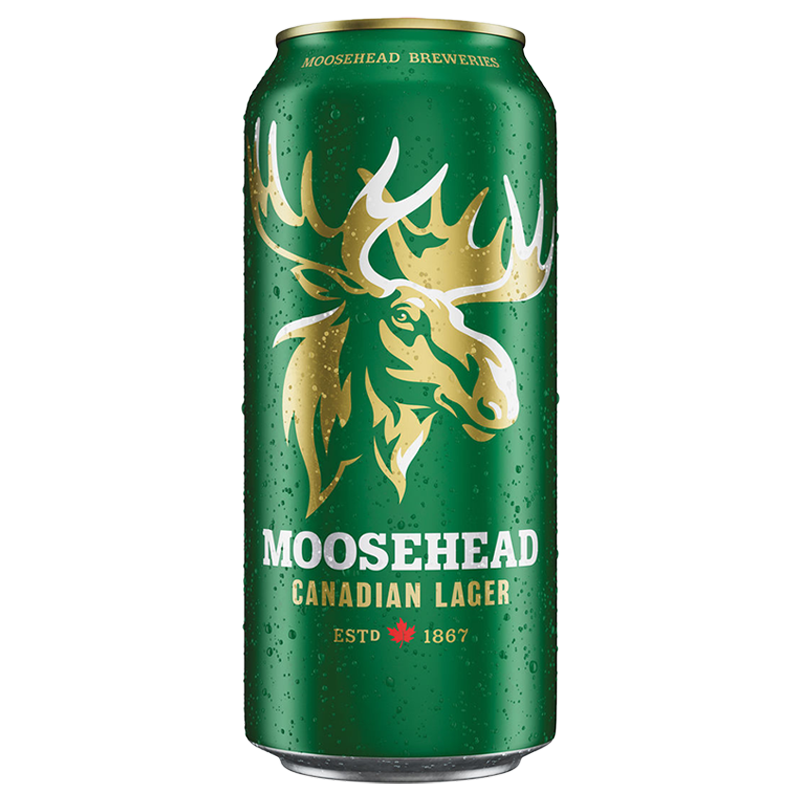 Green Moosehead Canadian Lager beer can with gold moose graphic and lettering.