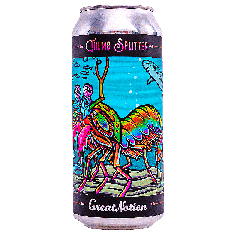 Can of Thumb Splitter beer with marine-themed art, featuring a colorful mantis shrimp, fish, and shark underwater.