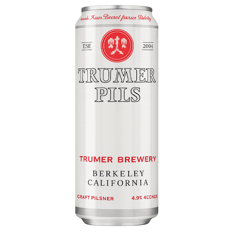 Can of Trumer Pils beer, white can with red logo, from Berkeley, California.