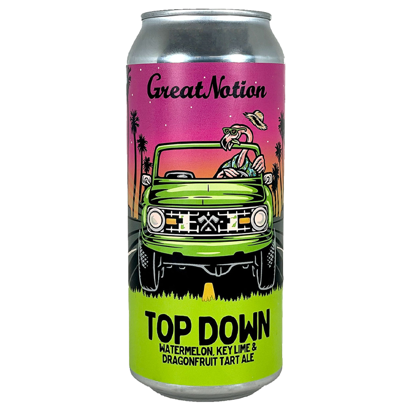 Can of Great Notion Top Down tart ale with a green truck illustration.