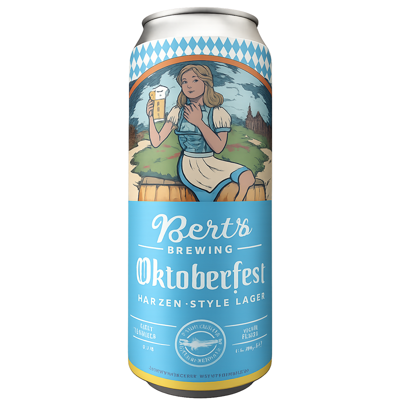 Beer can: Bert's Brewing Oktoberfest. Girl in traditional dress holds beer. Light blue and white label.
