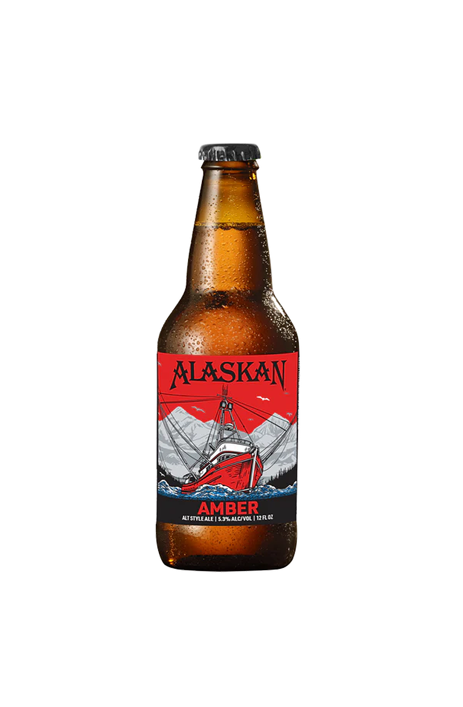 Alaskan Amber beer bottle with a red and blue label depicting a ship in icy waters.