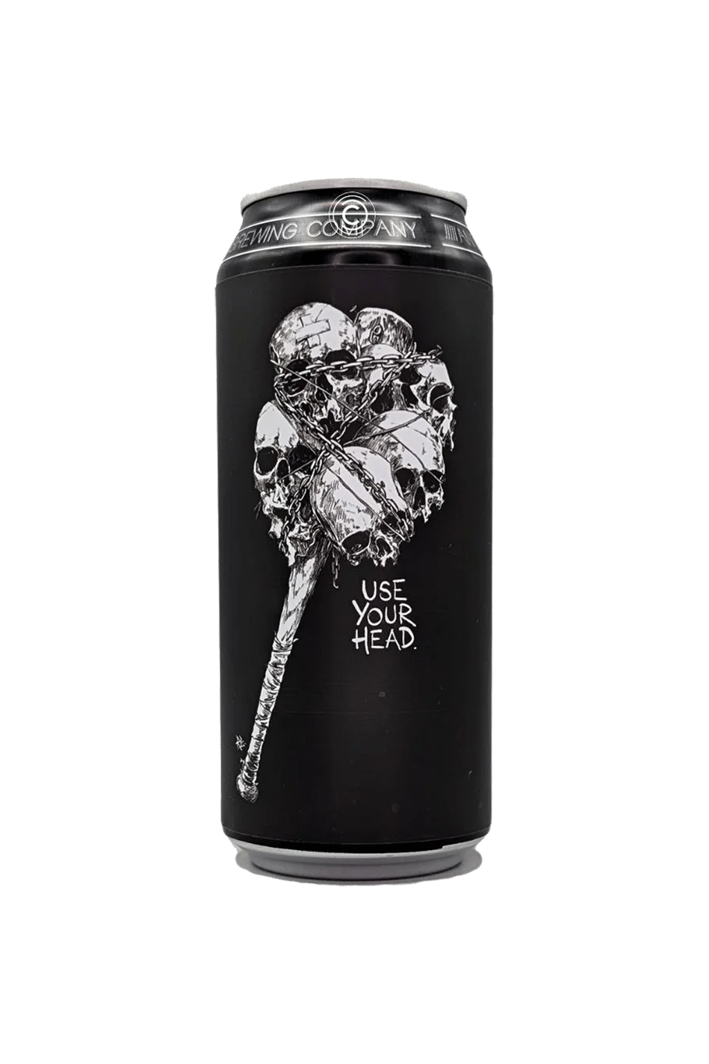 Black beer can with illustration of skulls and the words 