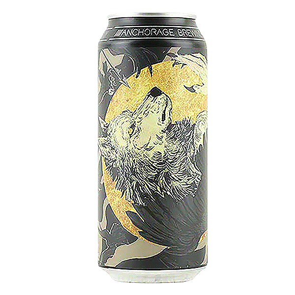 Beer can with a wolf howling at a golden moon against a black background. 