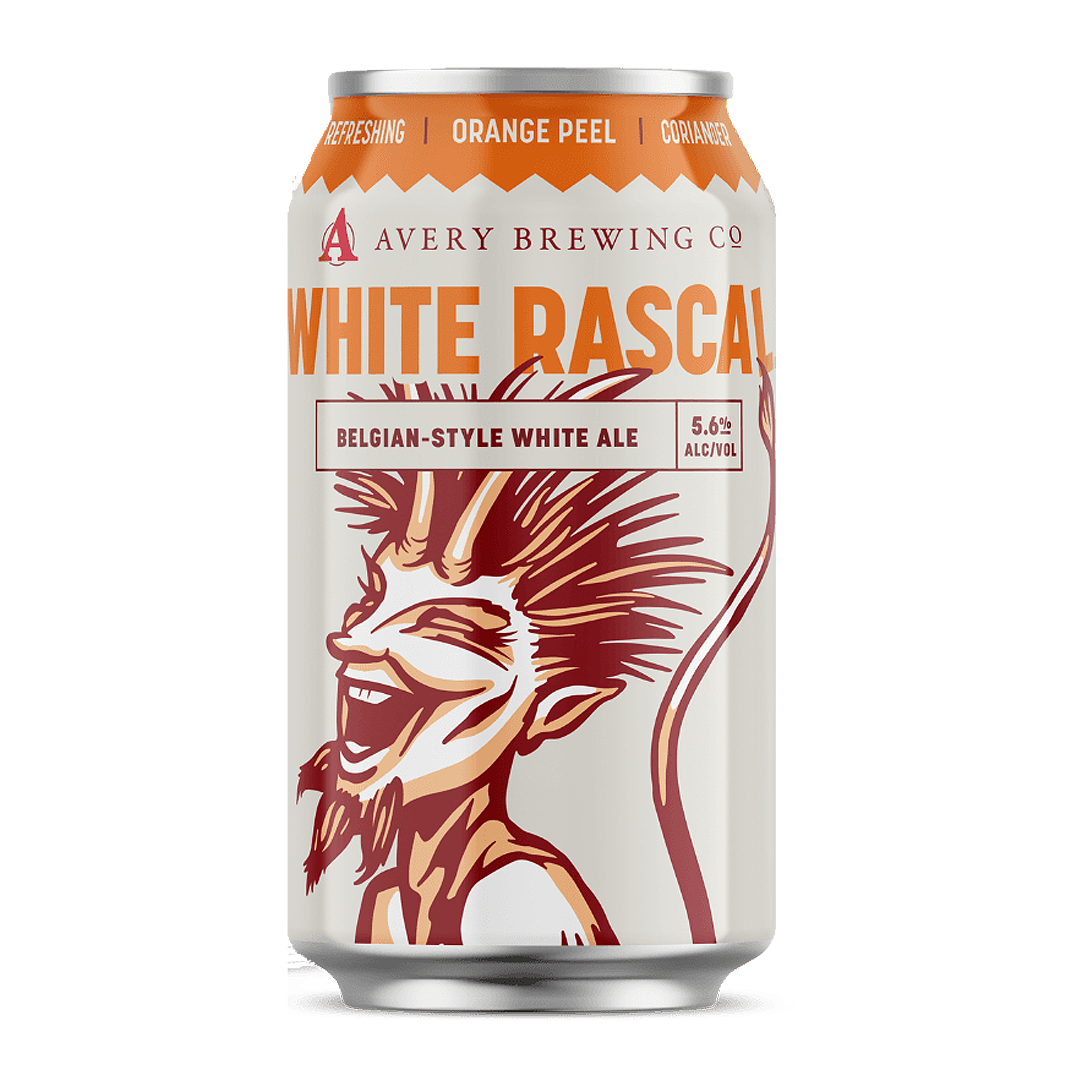 A can of Avery Brewing Co. White Rascal Belgian-style white ale with a smiling devil graphic.