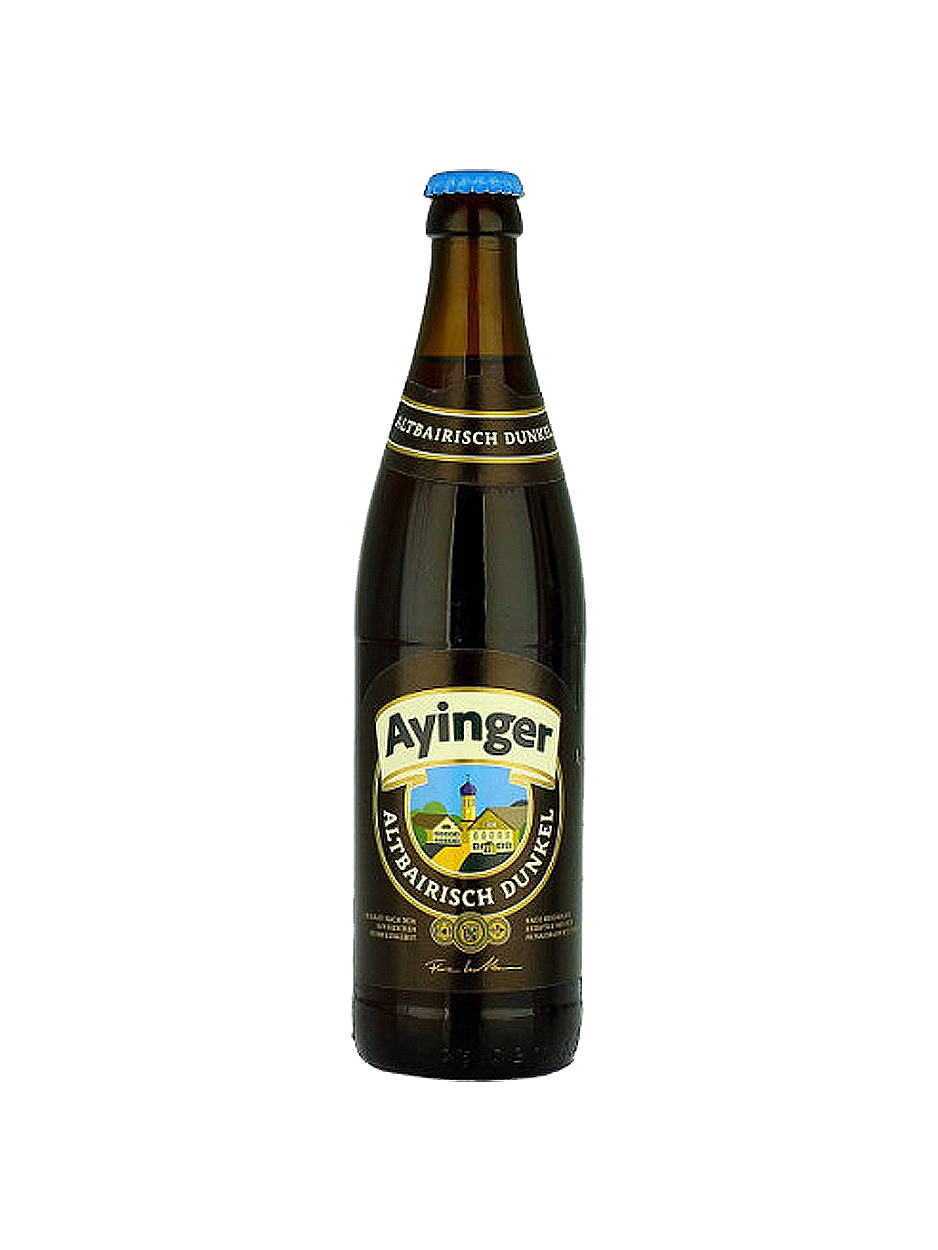 Bottle of Ayinger Celebrator Doppelbock beer, brown glass, blue cap, with a label featuring a countryside scene.