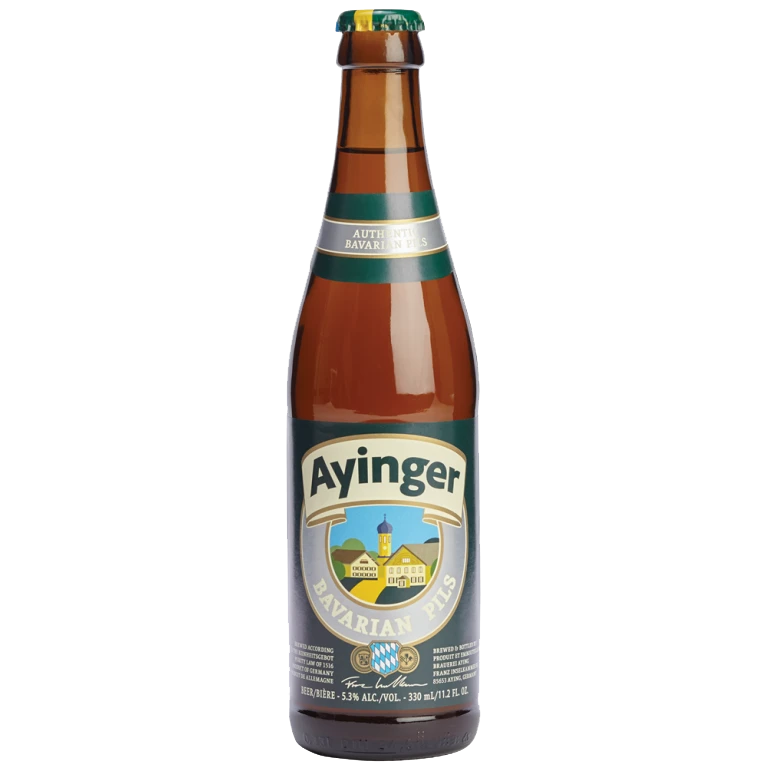 Bottle of Ayinger Bavarian Pils beer. Brown glass bottle, green and silver label.