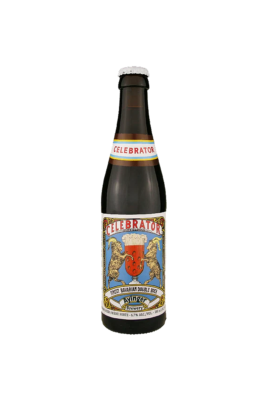Bottle of Peroni beer with a label featuring a crest design in blue and gold.