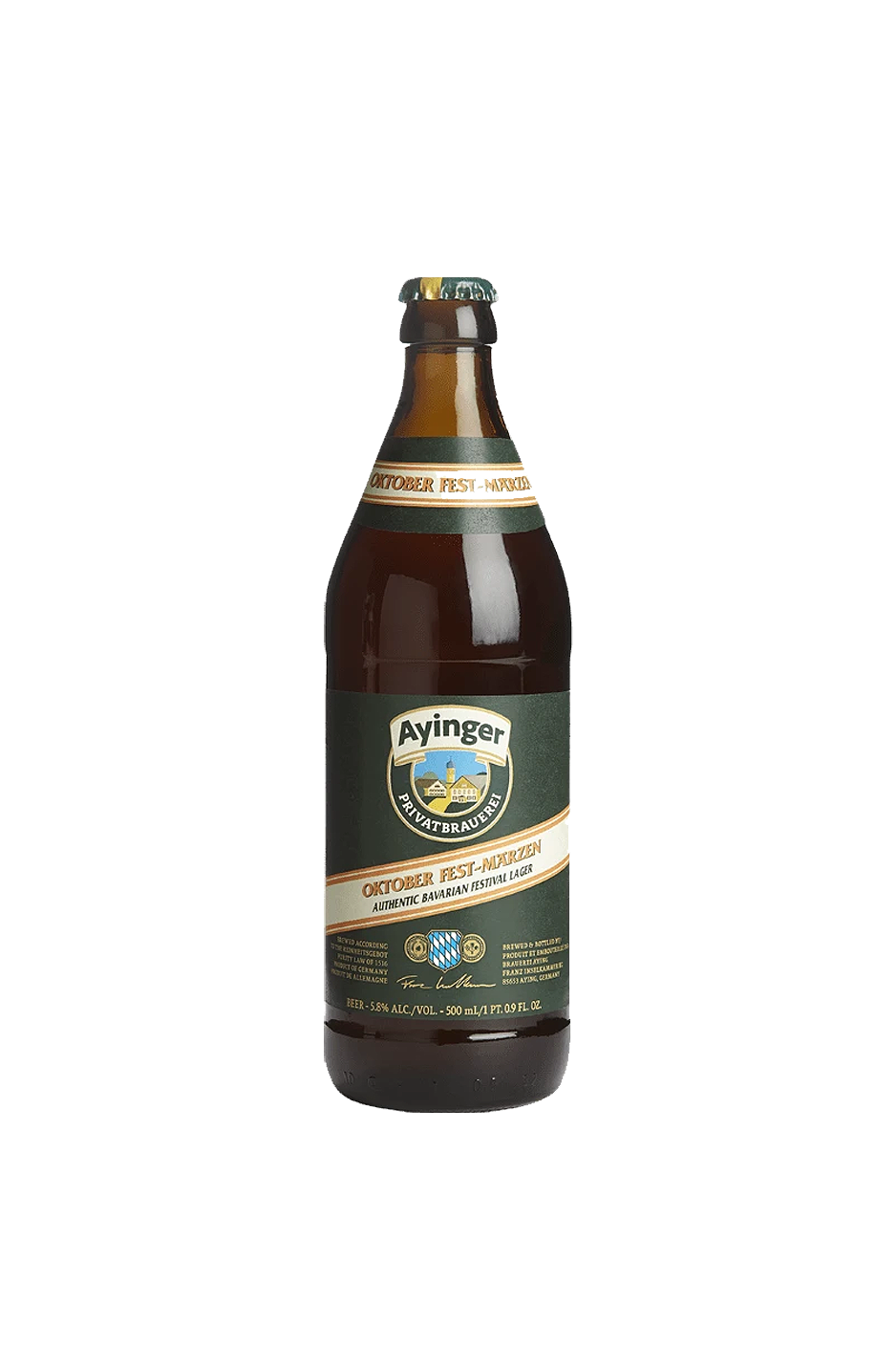 Beer bottle of Burlington Beer Co. on white background. Dark green label with white and gold text.
