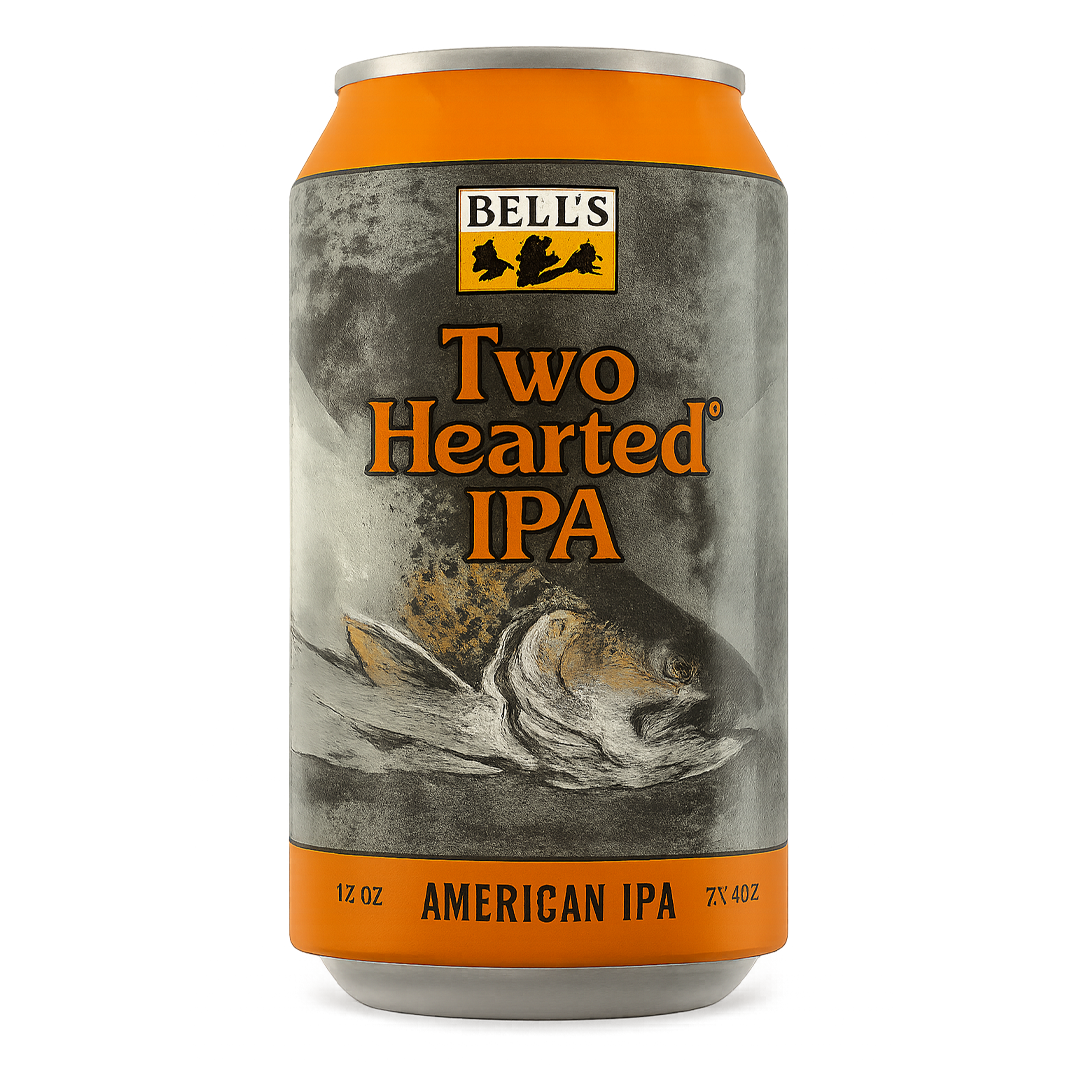 Bell's Two Hearted IPA beer can, orange and gray label with a fish illustration.