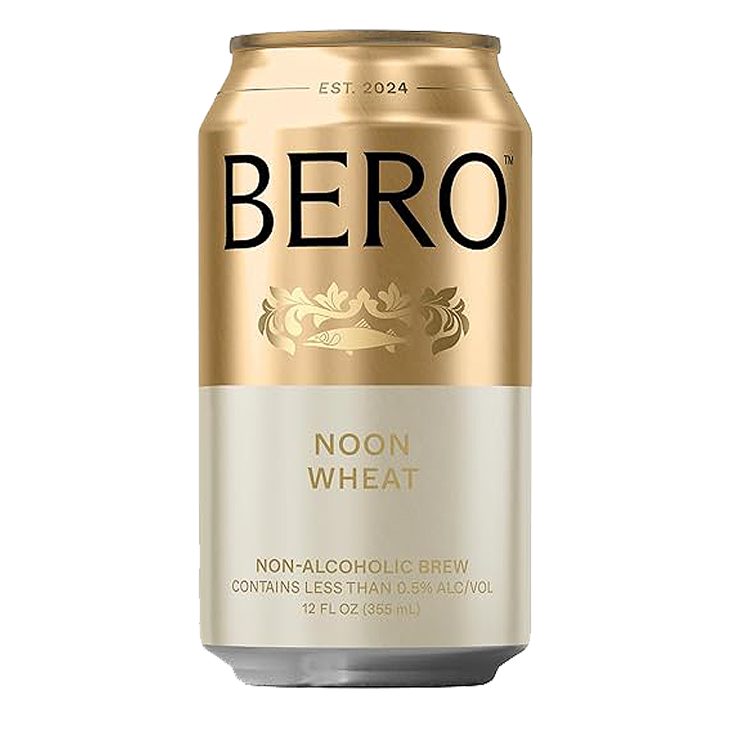 Can of BERO Noon Wheat non-alcoholic beer. Gold and white label design.